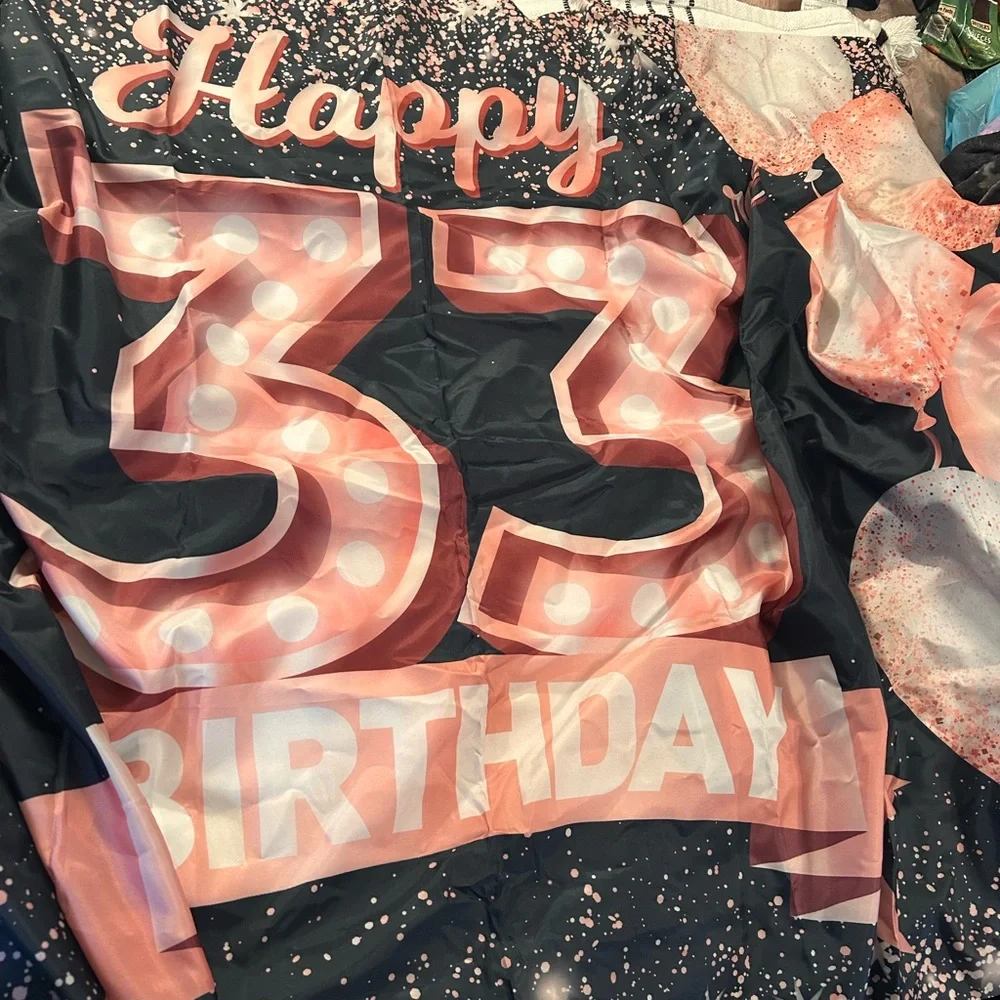 Happy 33rd Birthday Backdrop - Pink and Black Party Decoration